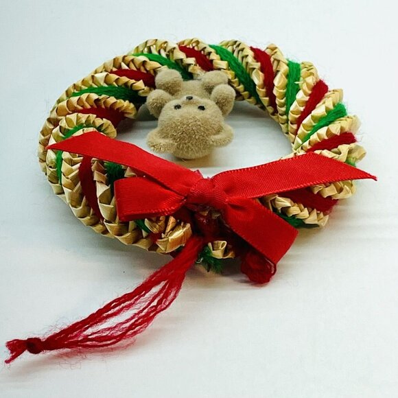 Vintage Christmas Ornament Straw Wreath With Teddy Bear Green & Red Wool Strings - Picture 7 of 12